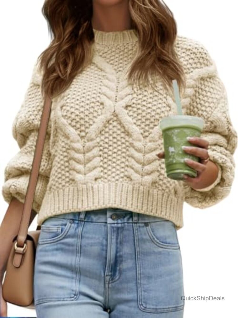 Women's Cropped Cable Knit Chunky Sweater Long Sleeve Crewneck Pullover